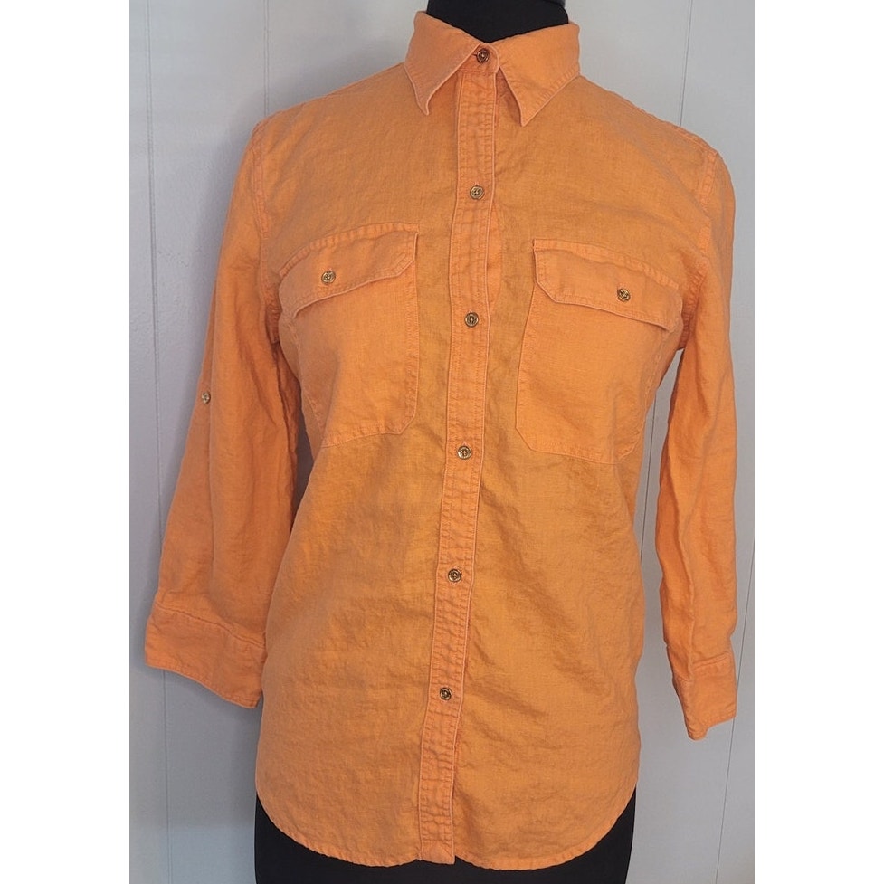 Lauren Ralph Lauren Linen Shirt M Orange Coastal Euc